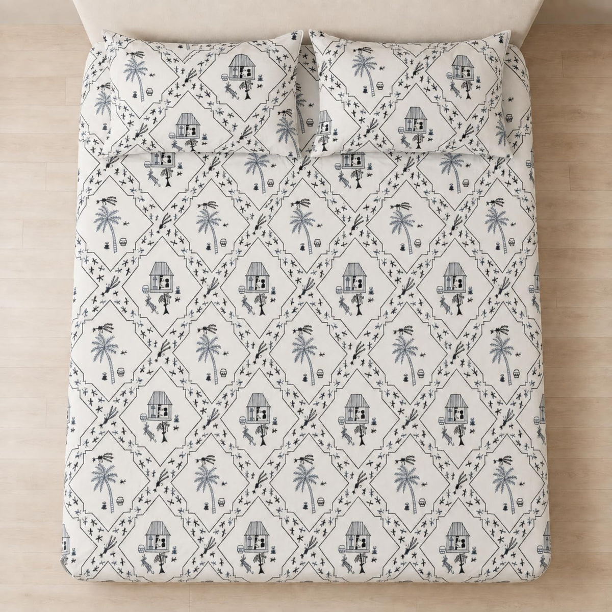 Double Bedsheet with 2 Pillow Covers Premium Indigo Village Toile Printed Soft & Breathable Bed Sheet for King Size Wrinkle Free All-Season Blue 90x100inch