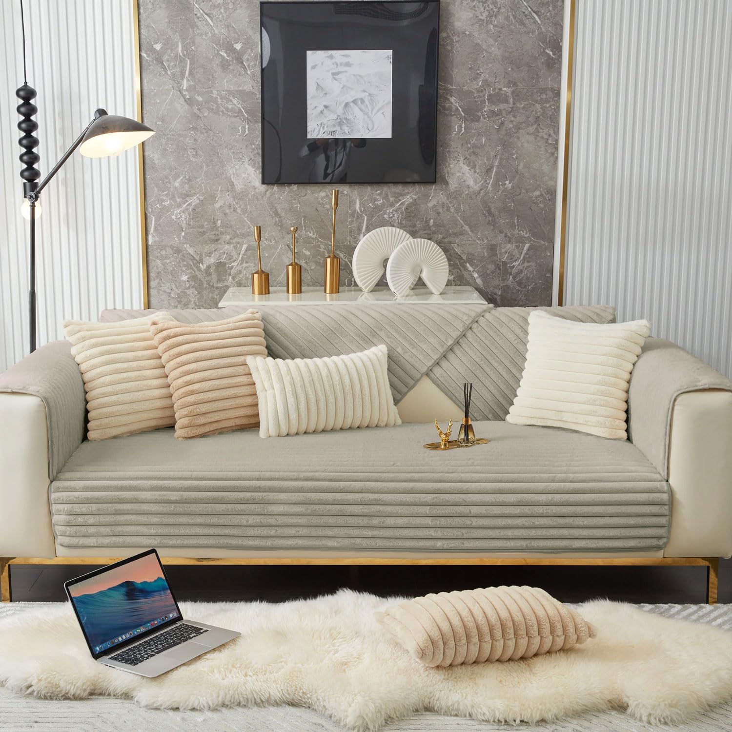Stripe Fur Sofa Cover 5 Seater (Taupe, 170x90+60x90+60x90 cm)