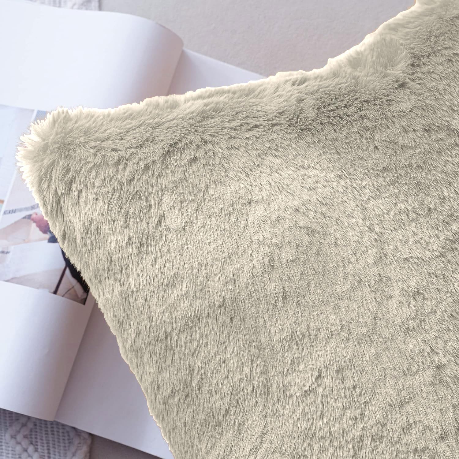 Cushion Cover Duble Side Rabbit Fur Set of 2(16 x 16 inch , Beige)