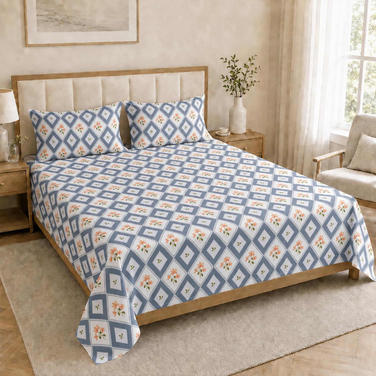 Double Bedsheet with 2 Pillow Covers Premium 240 TC 100% Cotton Feel (108x108 inch , Blue )