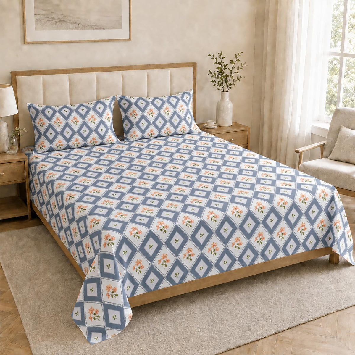 Double Bedsheet with 2 Pillow Covers Premium 240 TC 100% Cotton Feel (108x108 inch , Blue )