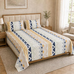 Double Bedsheet with 2 Pillow Covers 220 TC 100% Cotton Feel ( King Size Navy & Mustard 90x100inch )