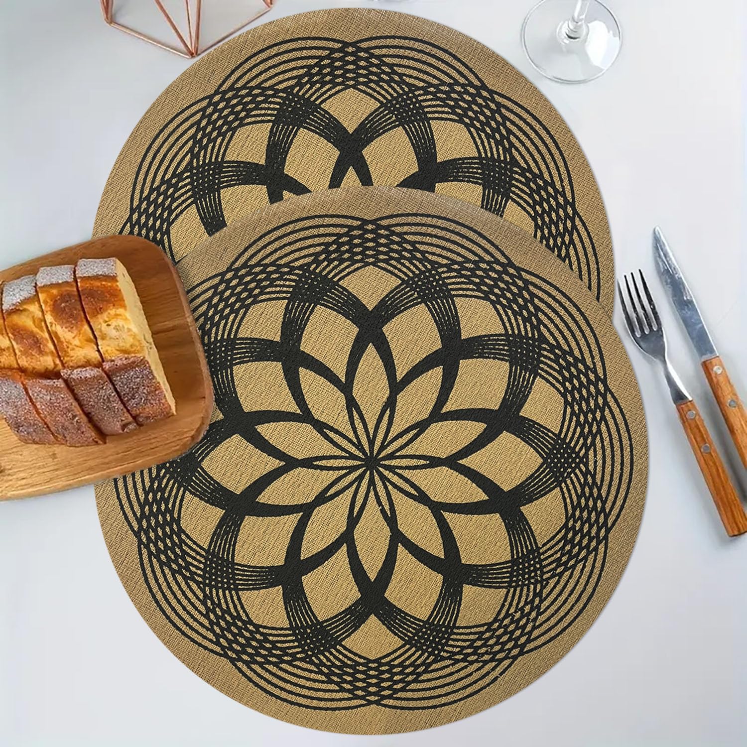 LUXE HOME INTERNATIONAL PVC Vinyl Metallic Table Round Placemats for Dining Table Rangoli Black, Heat Resistant & Waterproof | Easy to Clean Decorative Dining Mats - (Set of 2) STSWY0078