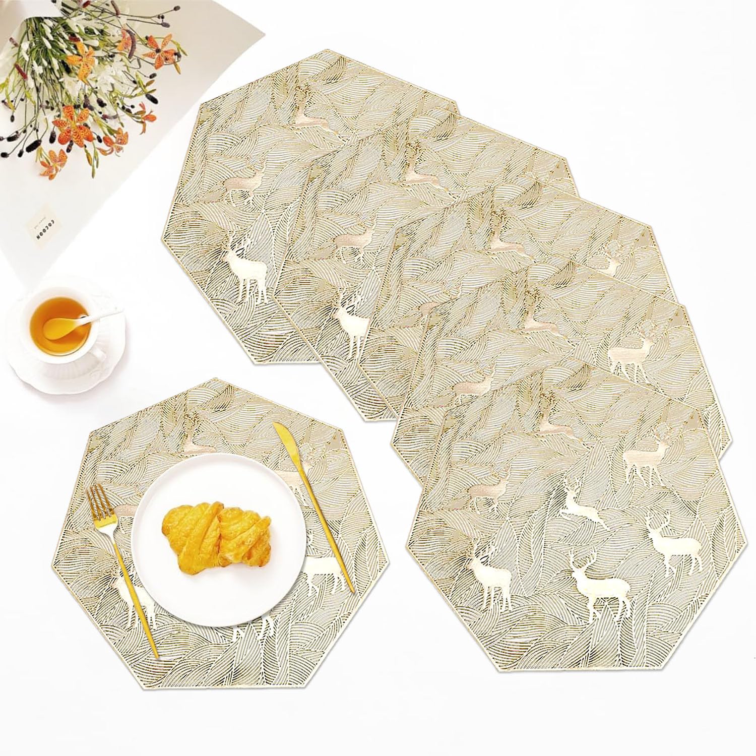 LUXE HOME INTERNATIONAL PVC Vinyl Metallic Table Round Placemats for Dining Table Gold, Heat Resistant & Waterproof | Easy to Clean Decorative Dining Mats - (Set of 6) ST062TJ-3MJ