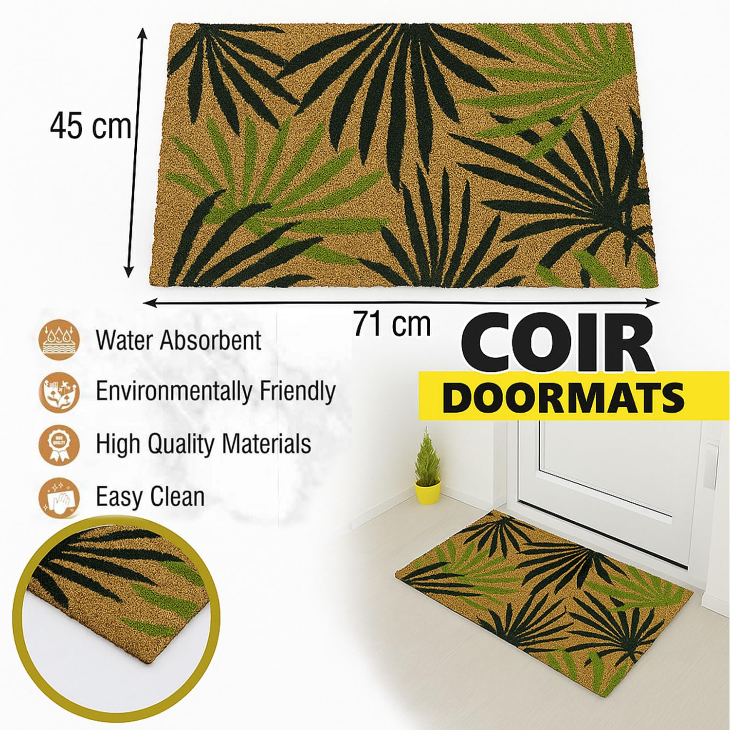 Coir Doormat for Home Entrance (Leaf Print Design ,71x45 cm)