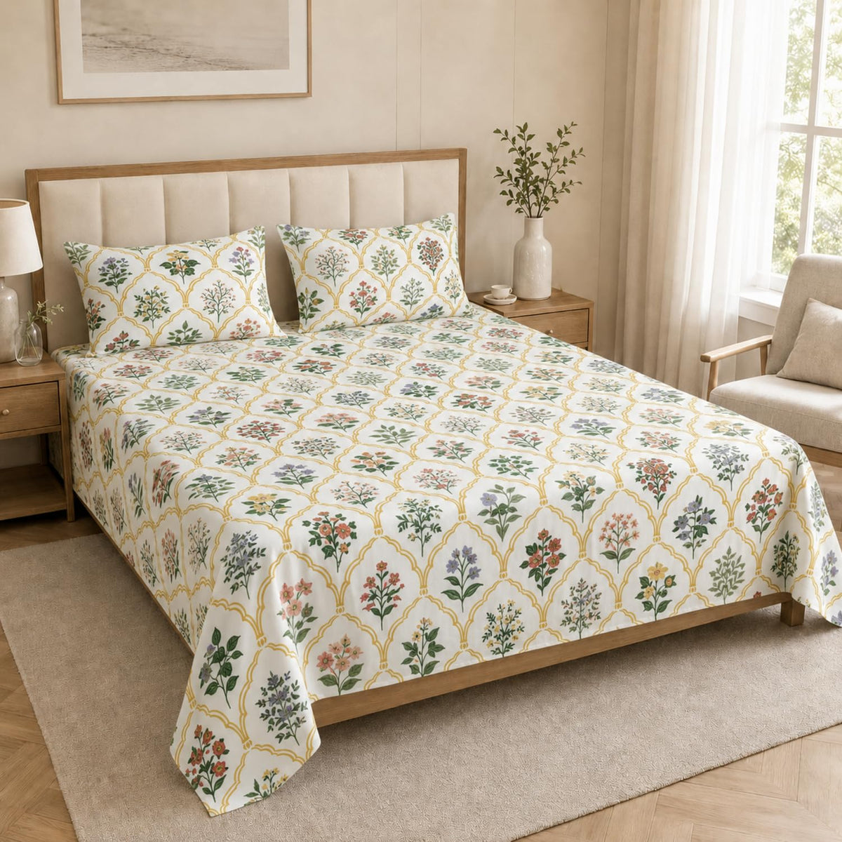 Double Bedsheet with 2 Pillow Covers 220 TC 100% Cotton Feel ( King Size Green 90 x 100 inch )