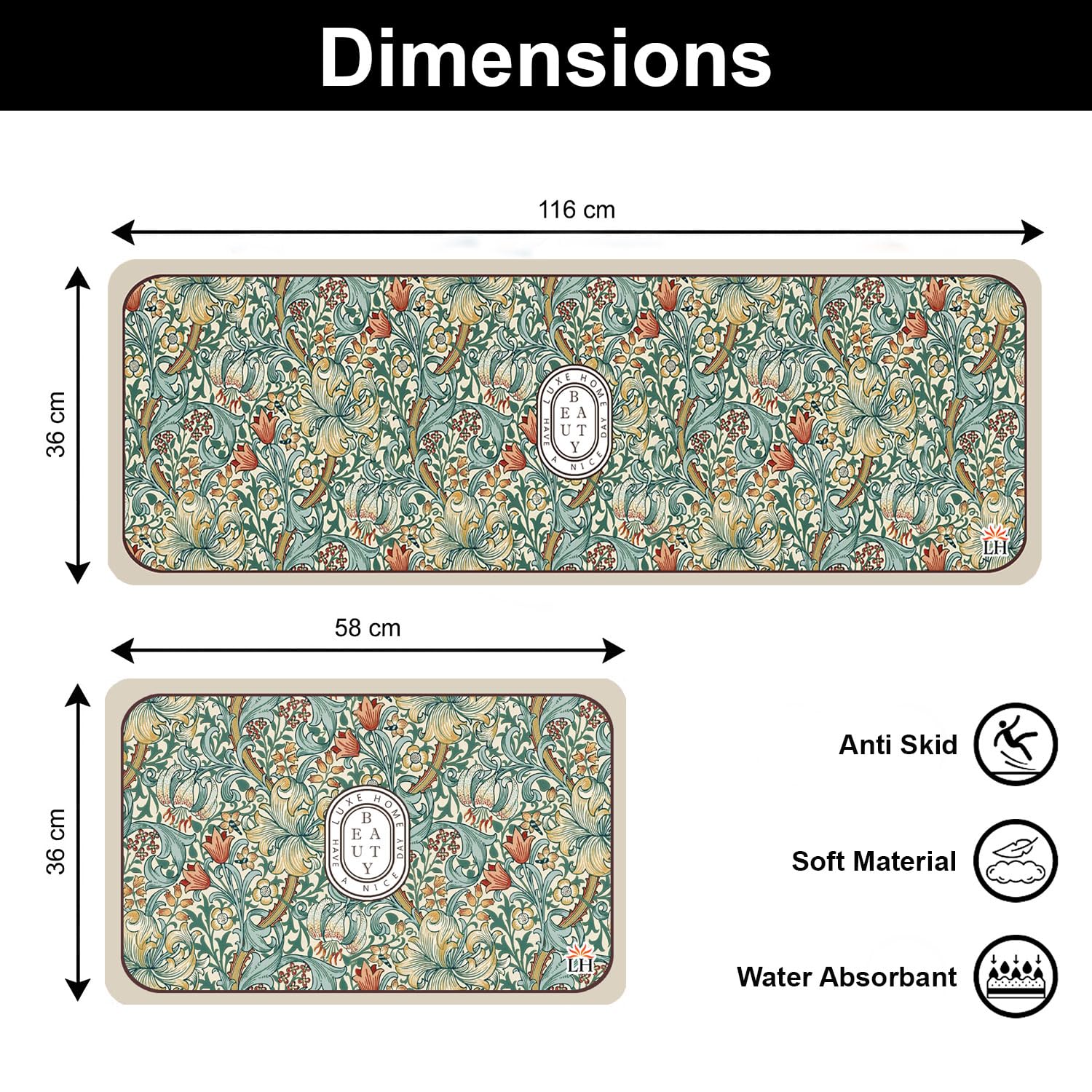 Kitchen Mat Combo  (116x36 & 58x36 cm,White)