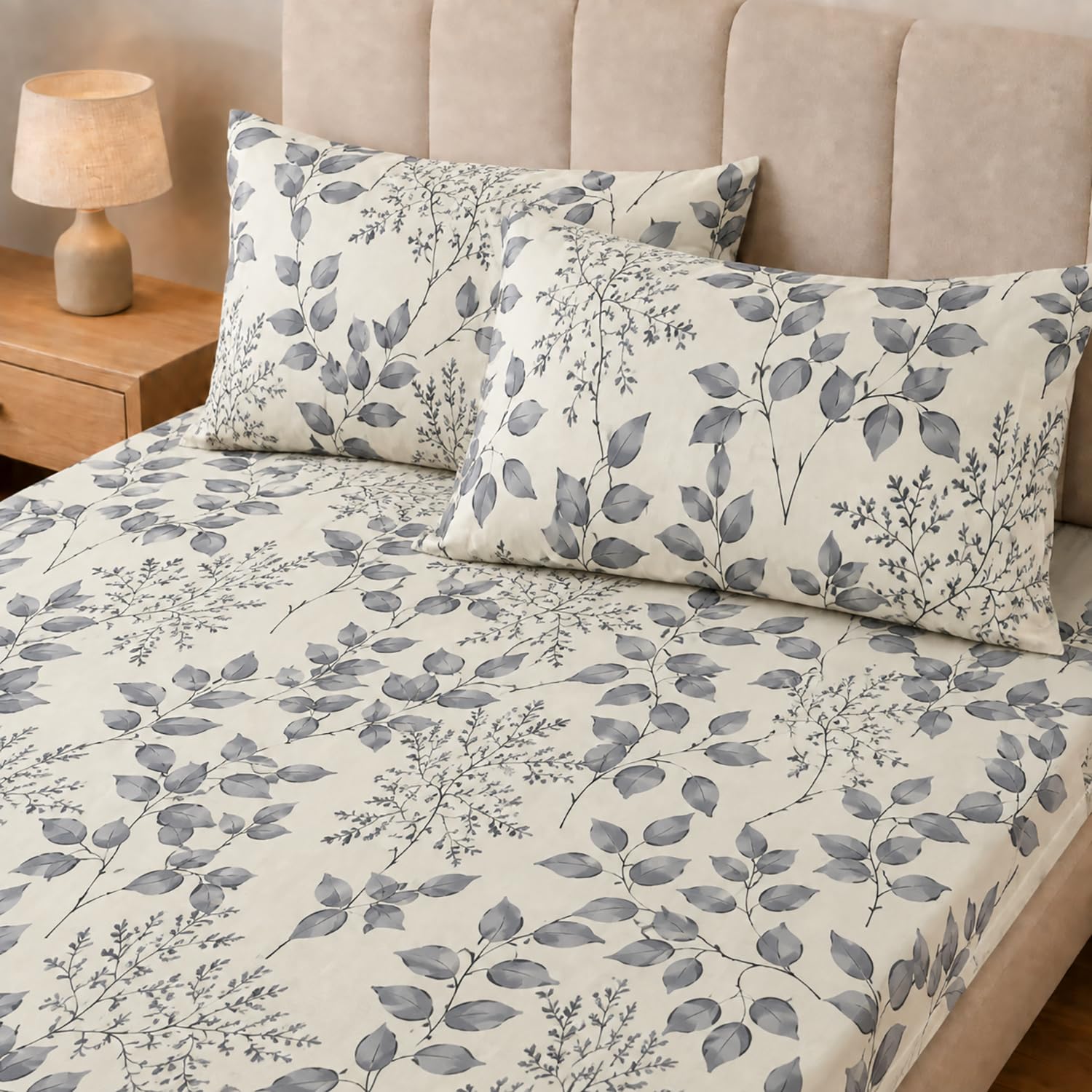 Double Bedsheet with 2 Pillow Covers 220 TC 100% Cotton Feel ( King Size Grey &White 90x100 inch )