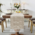 Table Runner with Tassels Textured(Elegant Beige & White Woven  13 x 74 Inch)