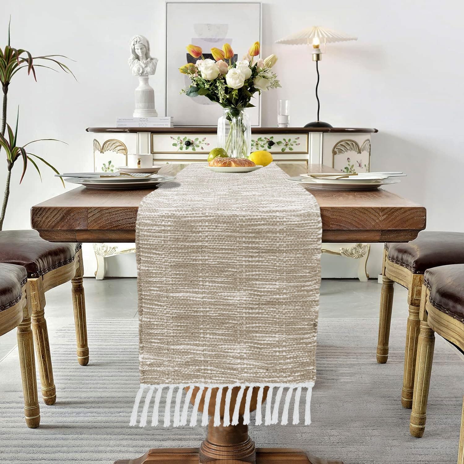 Table Runner with Tassels Textured(Elegant Beige & White Woven  13 x 74 Inch)