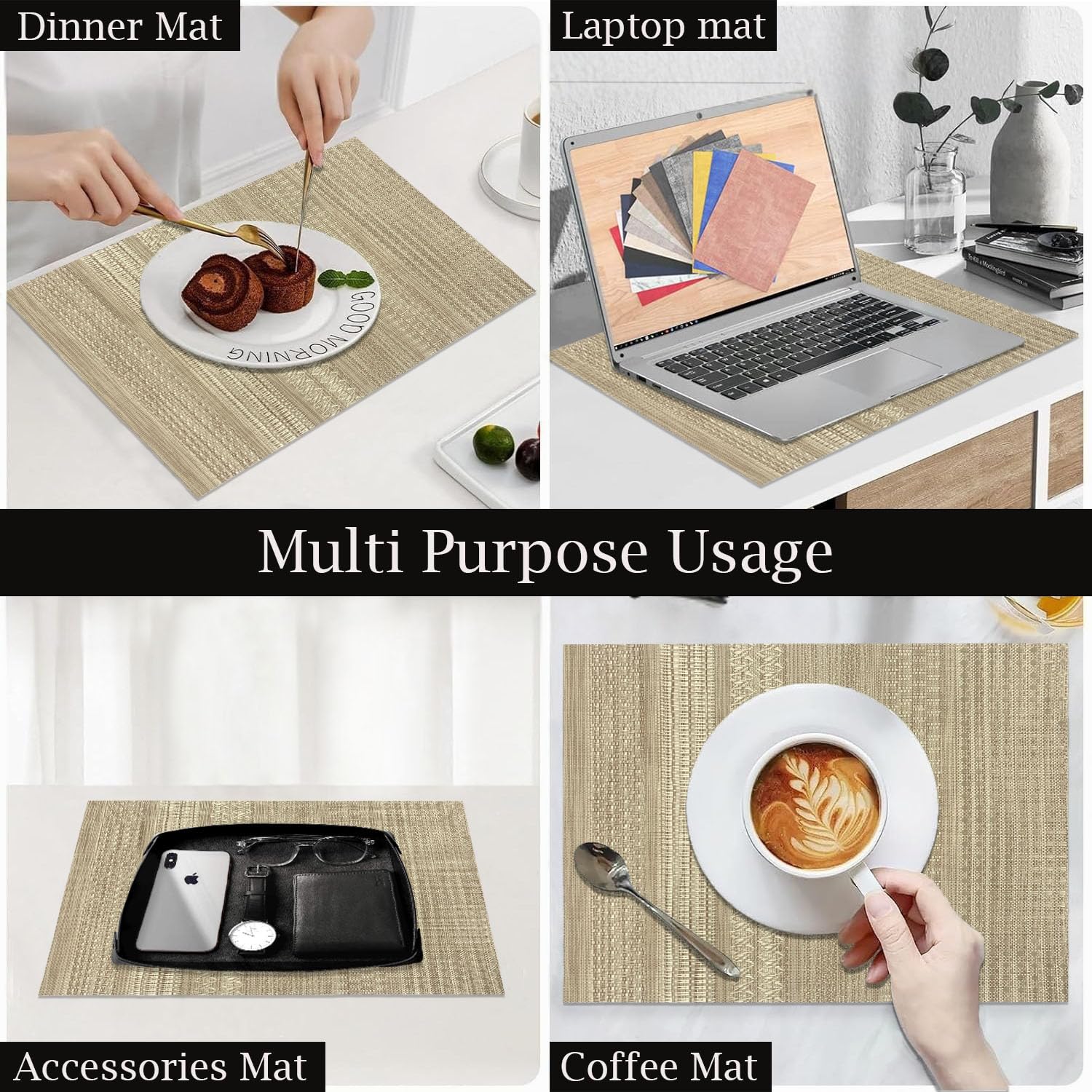 Luxe Home International PVC Vinyl Lines Design Placemat ST0562TH – Heat Resistant, Wipe Clean, Anti-Skid Table Mats for Dining Table, Kitchen & Home Decor (30x45 CM Gold Set of 6)