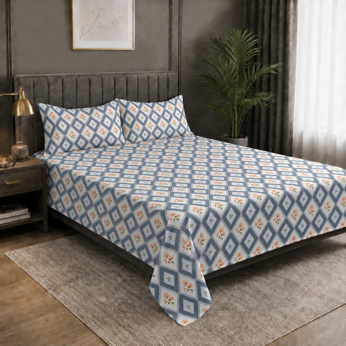 Double Bedsheet with 2 Pillow Covers Premium 240 TC 100% Cotton Feel (108x108 inch , Blue )
