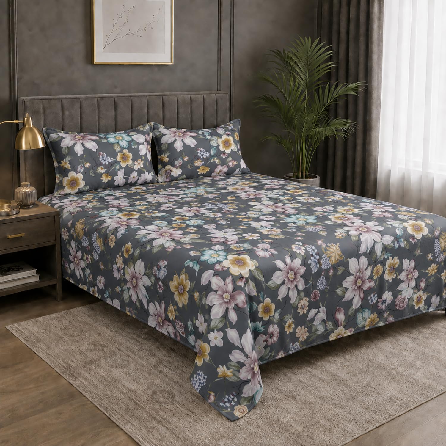 King Size Double Bedsheet with 2 Pillow Covers Premium Floral Bloom Printed Charcoal 108x108 inch
