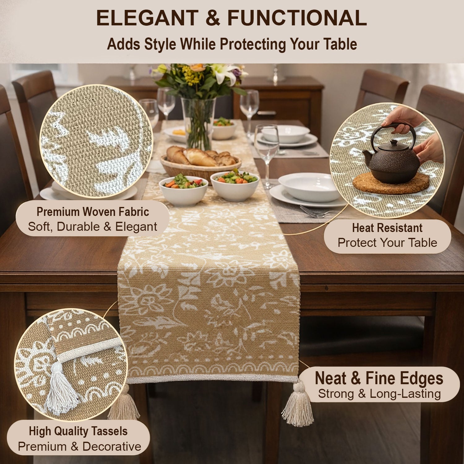 Table Runner with Tassels - Cotton 13.5 x 79.5 Inch, Floral