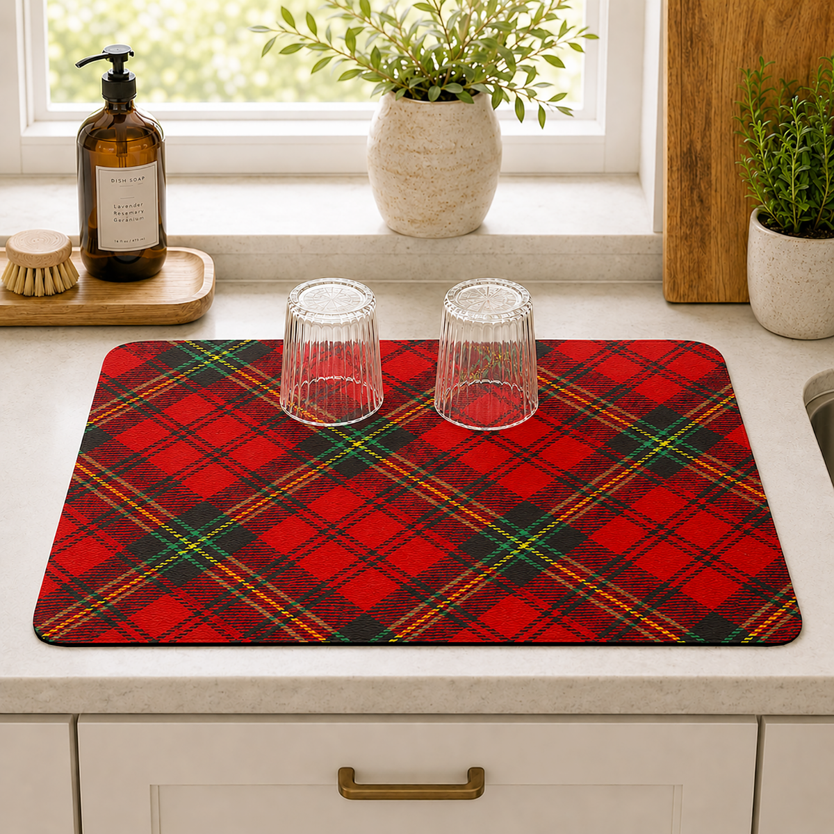 Kitchen Dish Drying Mat | Red Tartan Check Print | 35x55 cm
