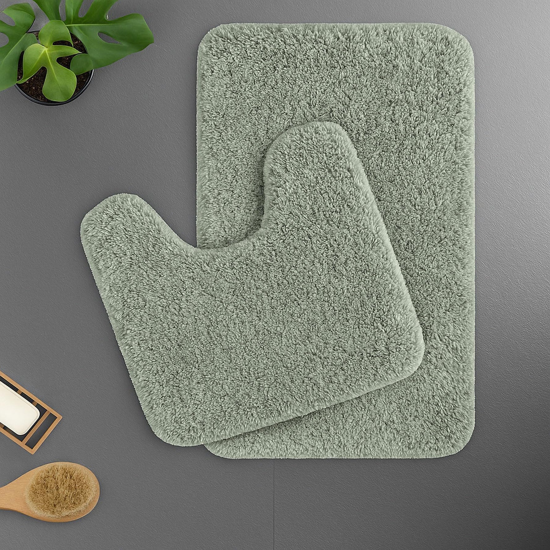 Polyester Contour Bath Mat Set (Pastel Green , 45x 75 cm & 40x45)