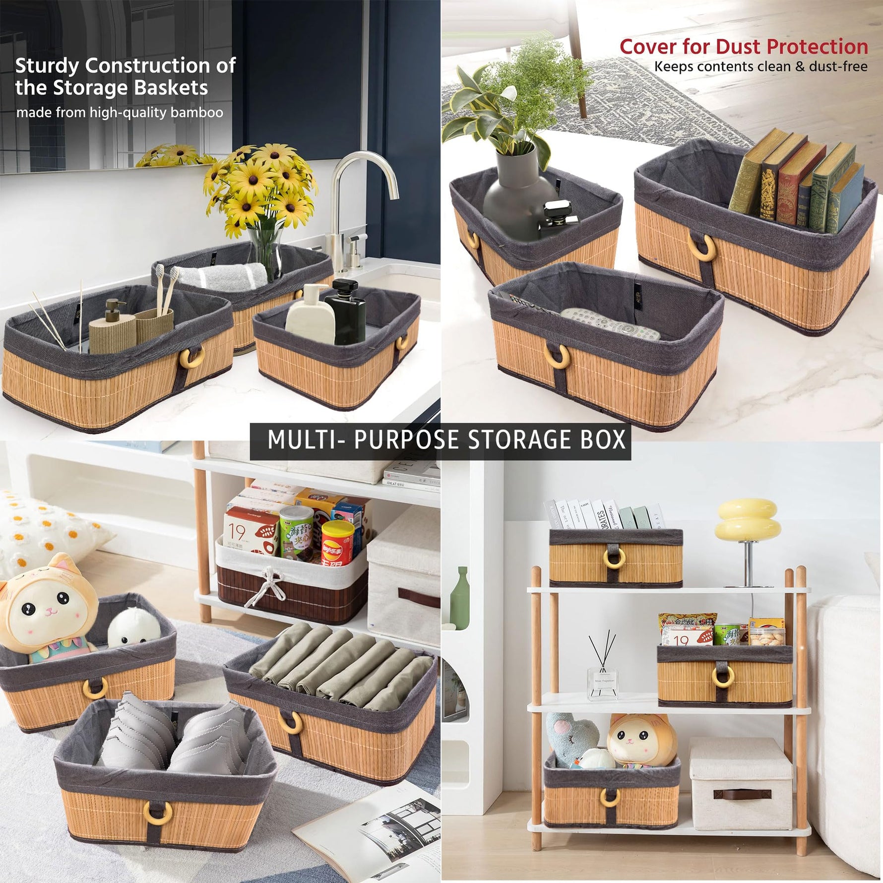 Storage Basket Stripe Bamboo Box Eco-Friendly Pack of 2(Beige, 30x20x12 cm)