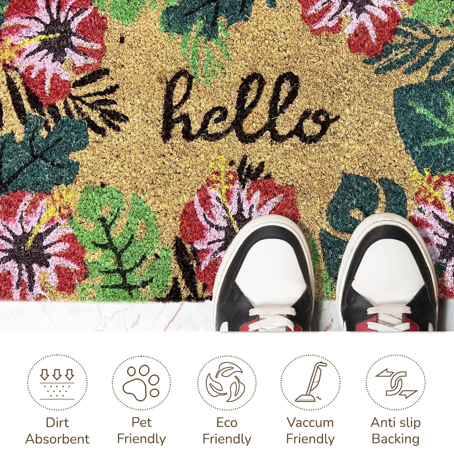 Coir Doormat for Home Entrance (Hello Floral Print Design ,71x45 cm)