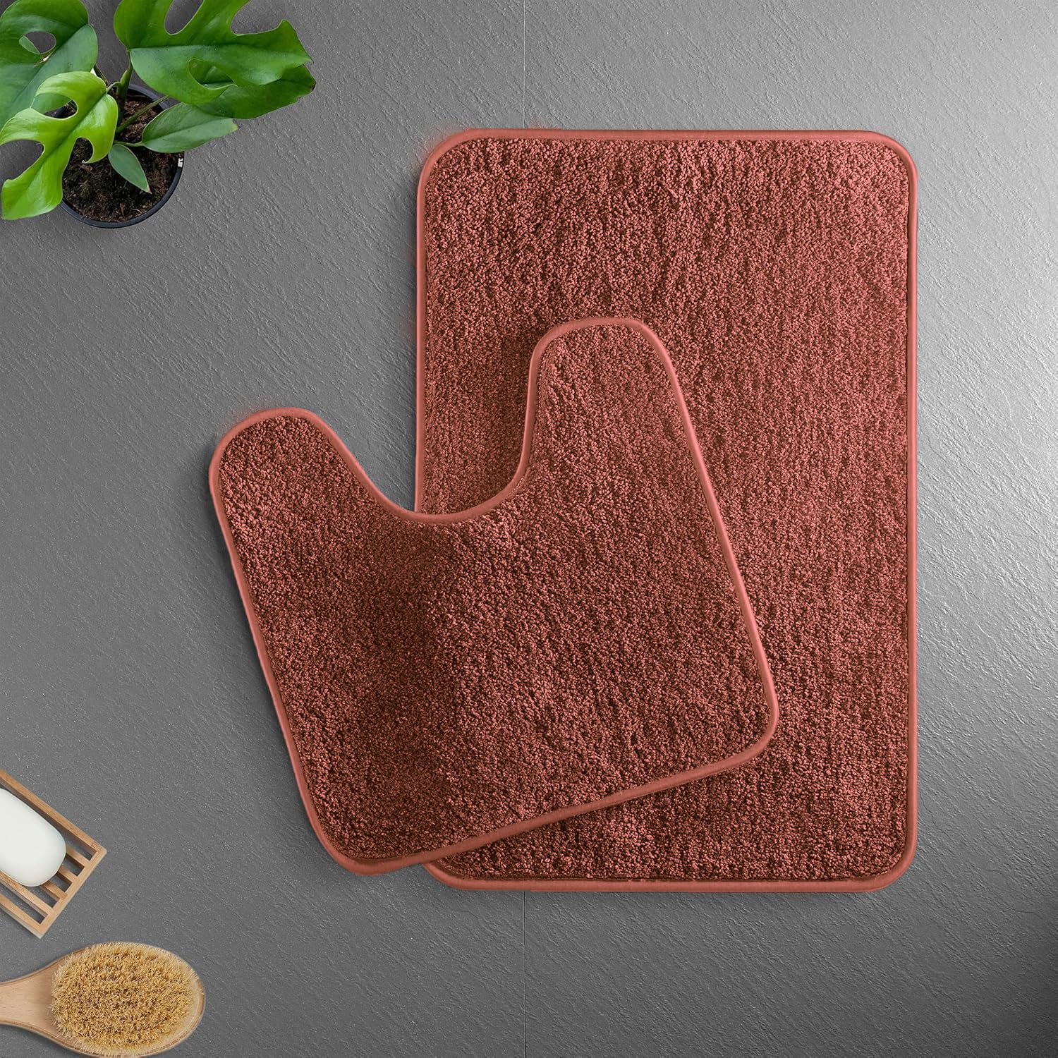 Newman Polyester Contour Bath Mat Set of 2 (Rust 45x75 cm & 40x45)