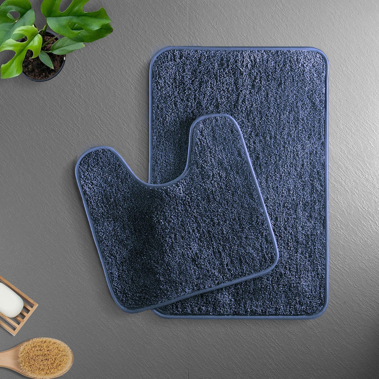 Newman Polyester Contour Bath Mat Set of 2 (Navy Blue 45x75 cm & 40x45)