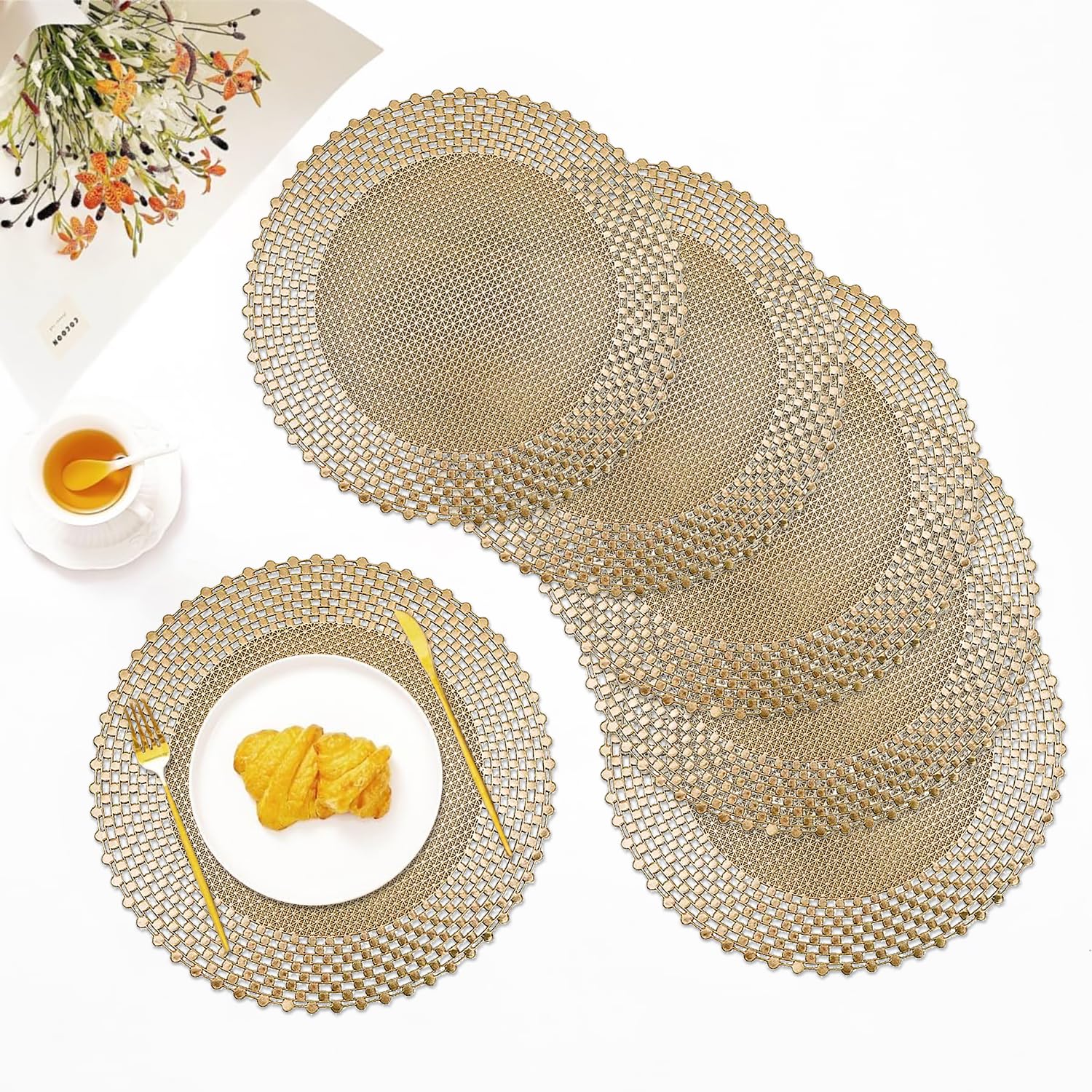 LUXE HOME INTERNATIONAL PVC Vinyl Metallic Table Round Placemats for Dining Table Gold, Heat Resistant & Waterproof | Easy to Clean Decorative Dining Mats - (Set of 6) ST085TJ-3MJ