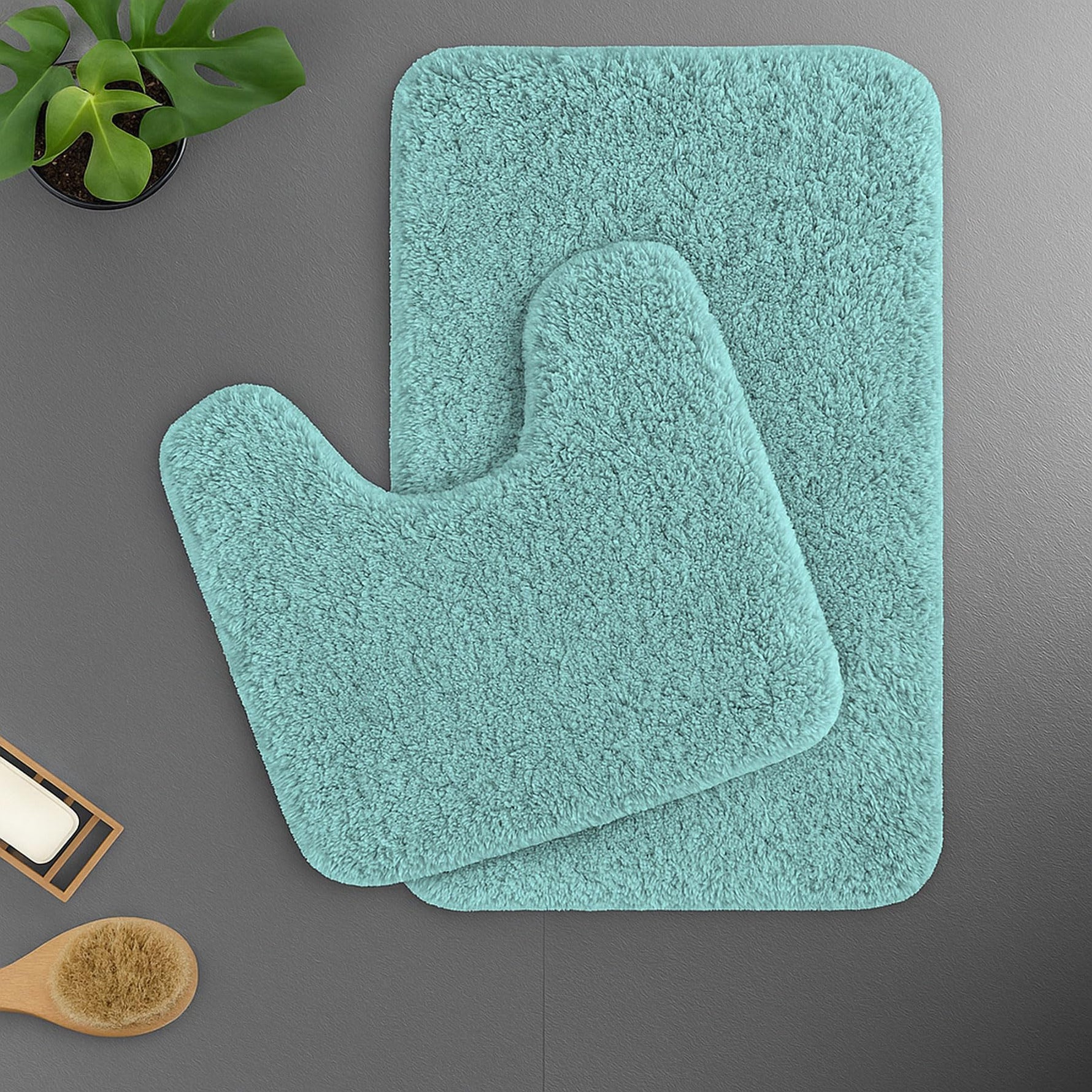 Polyester Contour Bath Mat Set (Aqua, 45x 75 cm & 40x45)