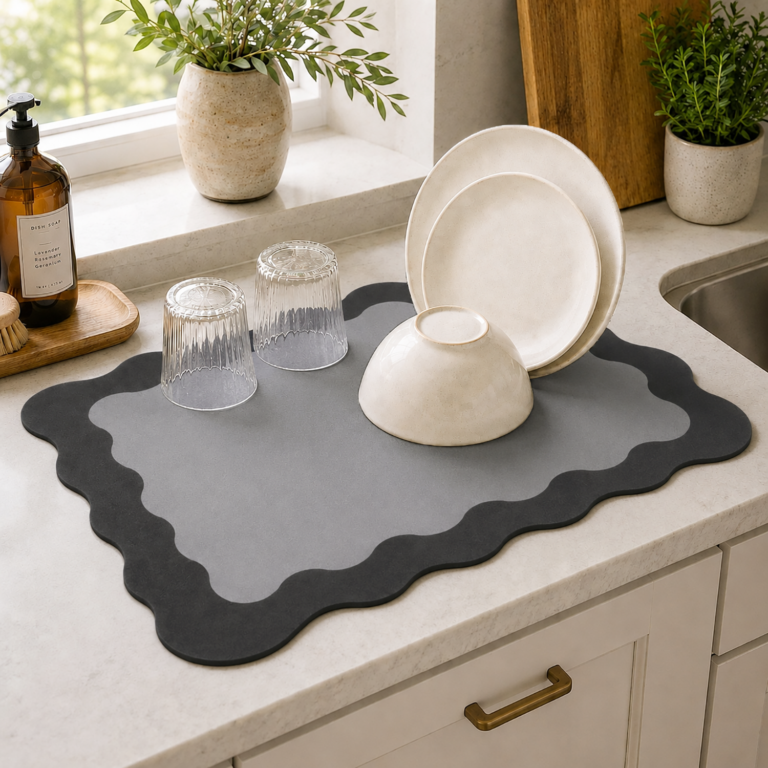 Kitchen Dish Drying Mat | Grey Minimal Wave Border | 35x55 cm