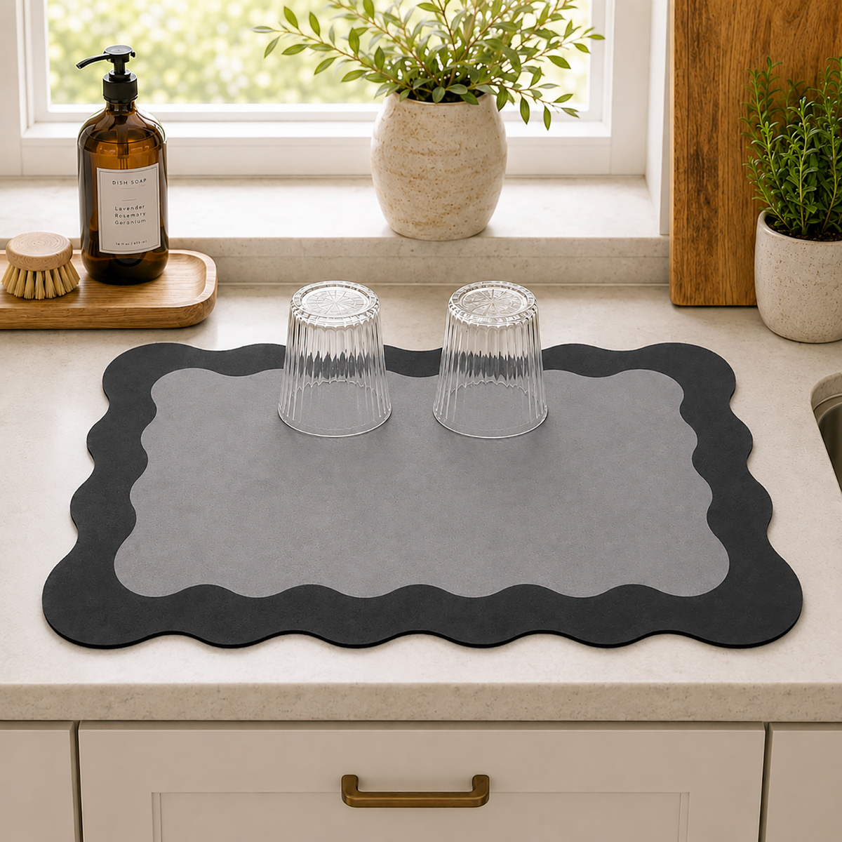 Kitchen Dish Drying Mat | Grey Minimal Wave Border | 35x55 cm
